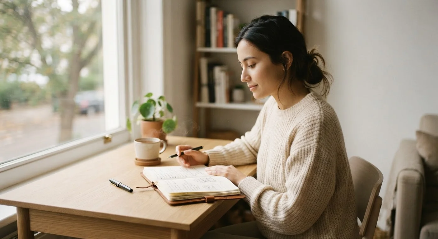 Young adult writing in a journal at a calm, well-lit desk in the morning