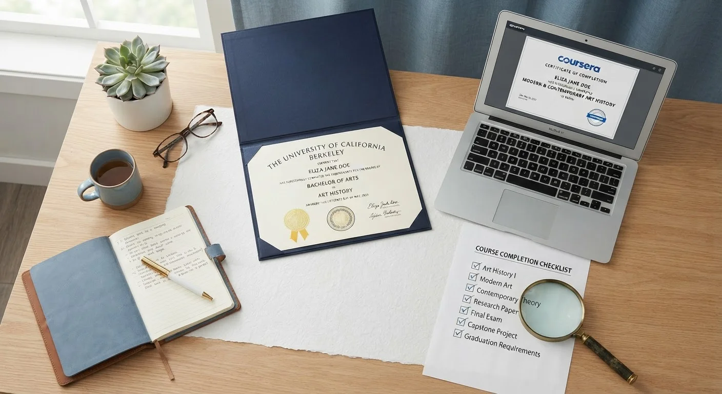 Desk with diploma, laptop showing online certificate, and magnifying glass on checklist.