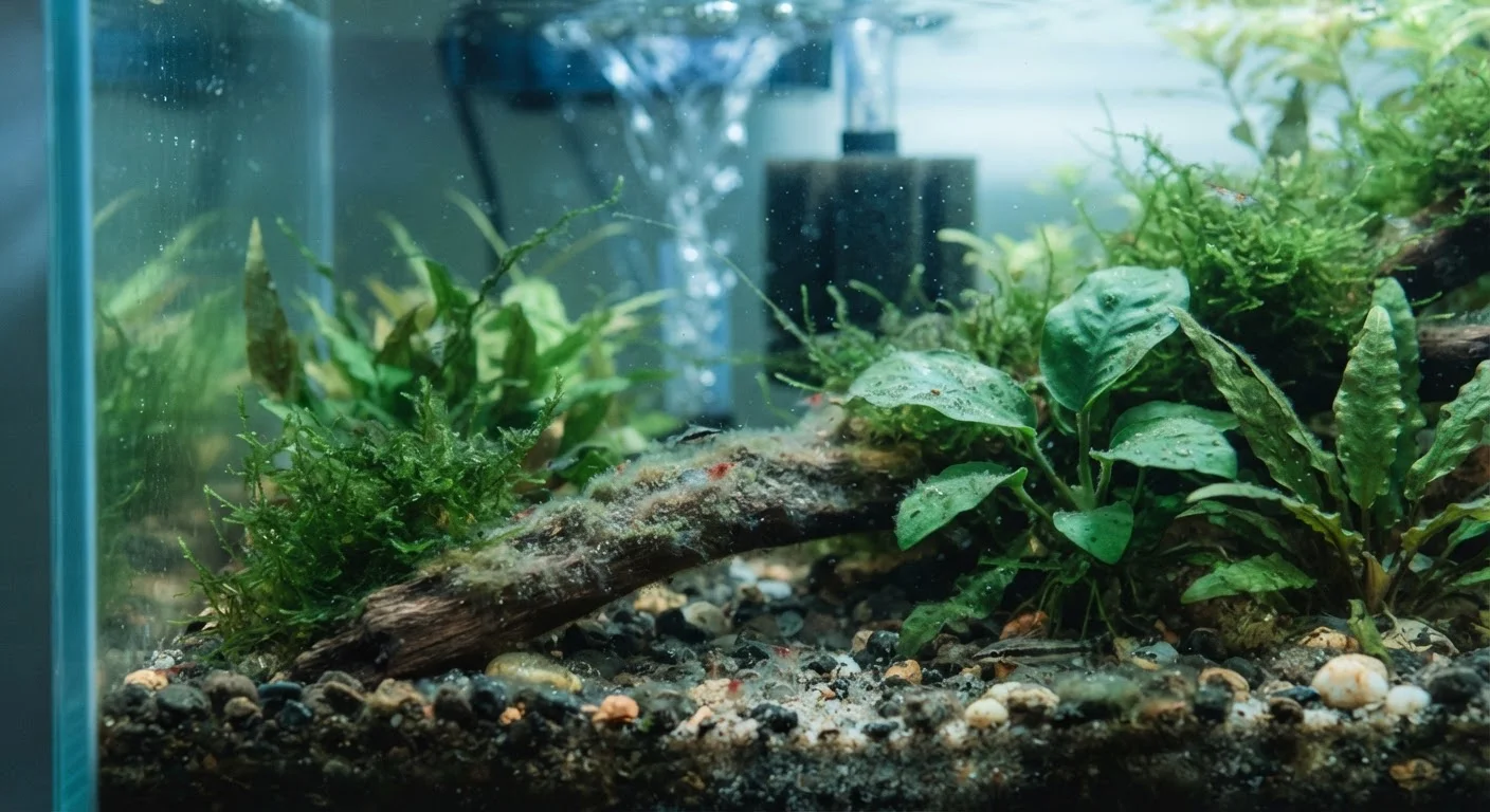 A well-established freshwater aquarium with healthy water, plants, and gravel substrate