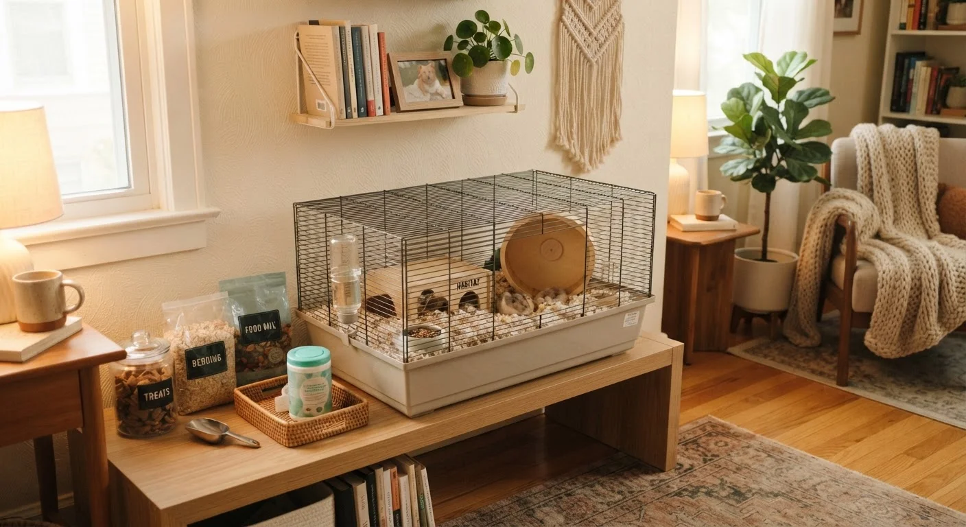 A neatly arranged small pet habitat with bedding, hide, and supplies on a shelf in a cozy home.
