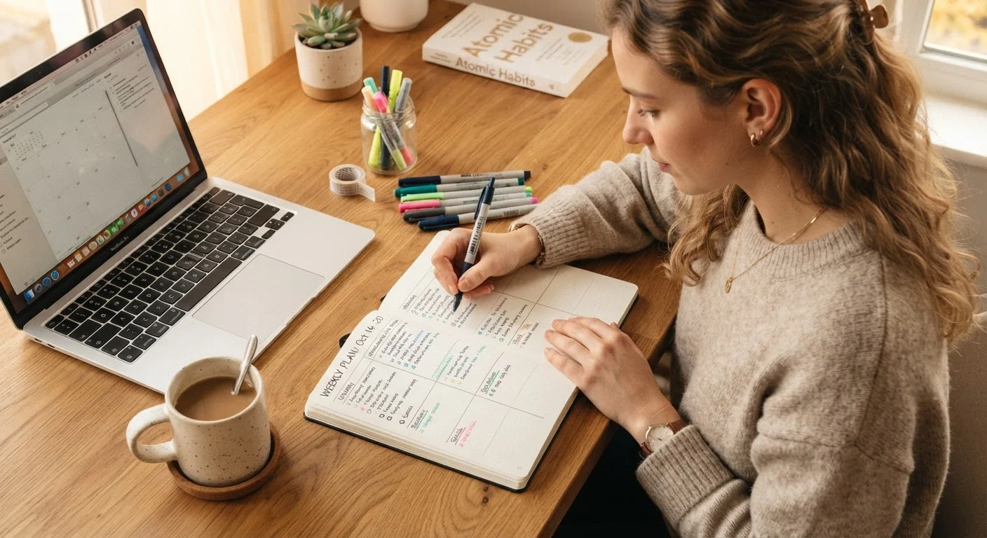 Young adult writing a structured personal learning plan in a notebook at a desk
