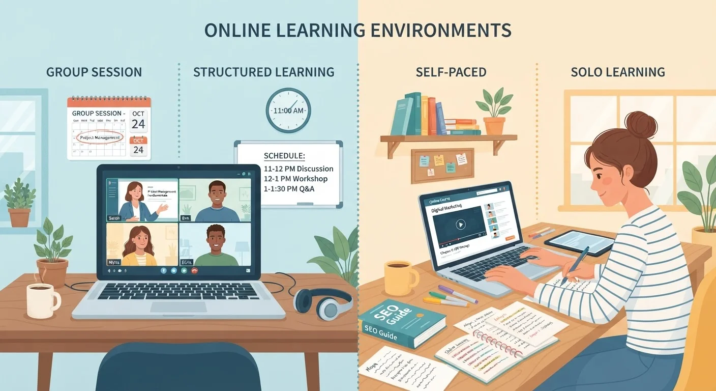 Split illustration contrasting a group cohort video session with a solo self-paced learner at a laptop