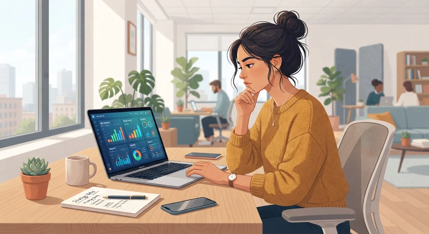 Young professional reviewing data charts and graphs on a laptop in a modern office