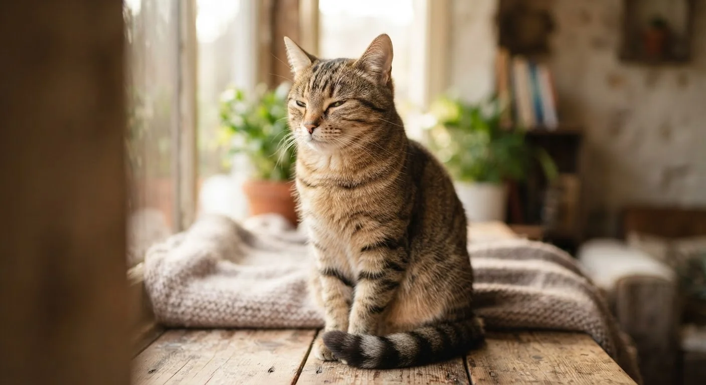A calm domestic cat with alert ears and soft half-closed eyes sitting indoors