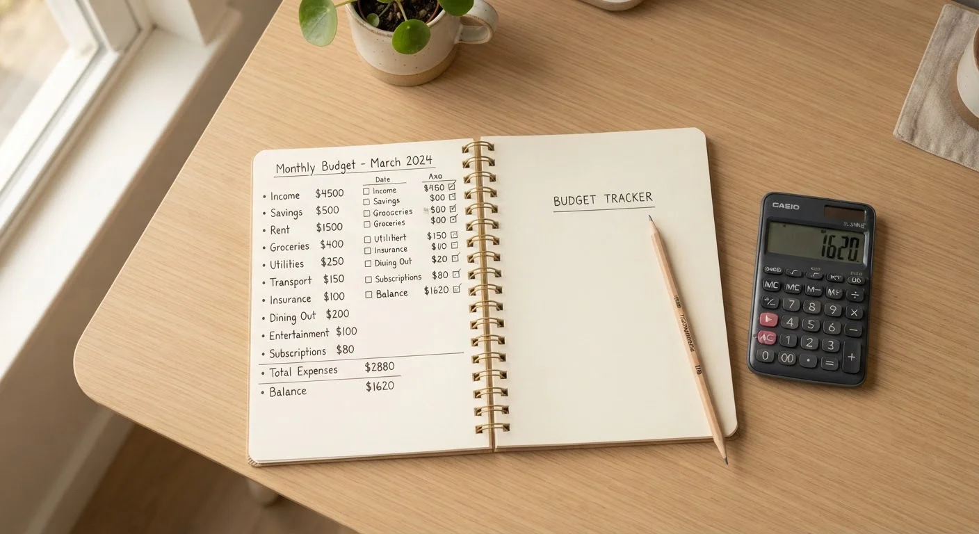 Flat-lay of a budget notebook, calculator, and pencil on a clean desk surface