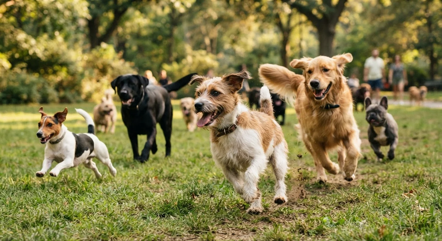 Dogs of different sizes and breeds exercising together in an outdoor park setting.