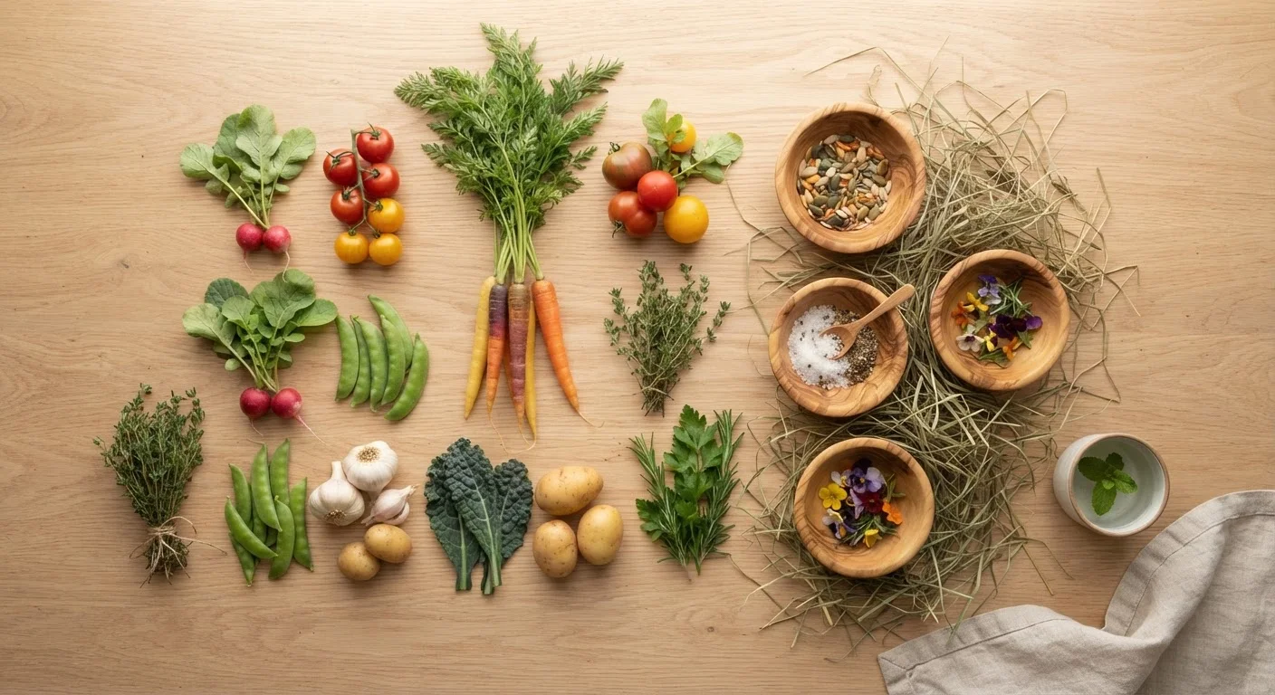 Fresh hay, leafy greens, and small feeding bowls arranged on a wooden surface
