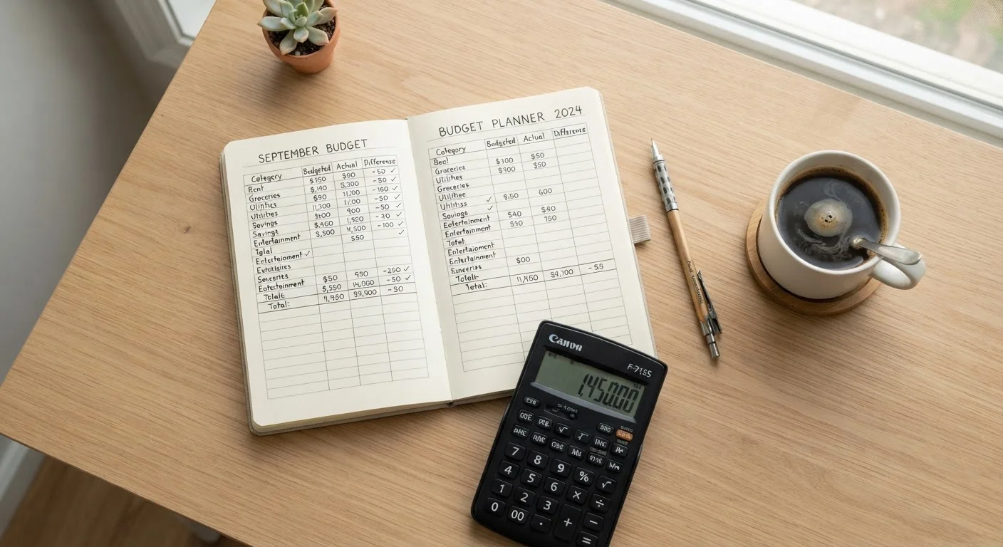 A budget notebook, calculator, and pencil arranged neatly on a wooden desk
