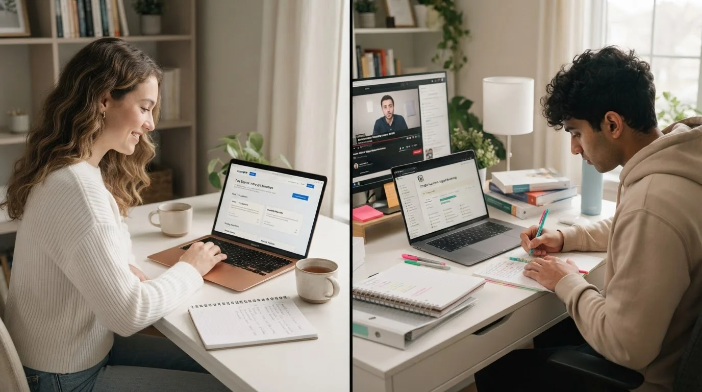 Two students comparing free and paid online learning experiences on laptops side by side