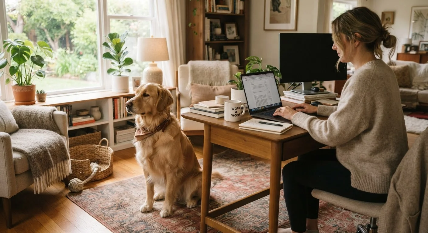 A calm golden retriever resting beside a home office desk with a laptop and coffee mug