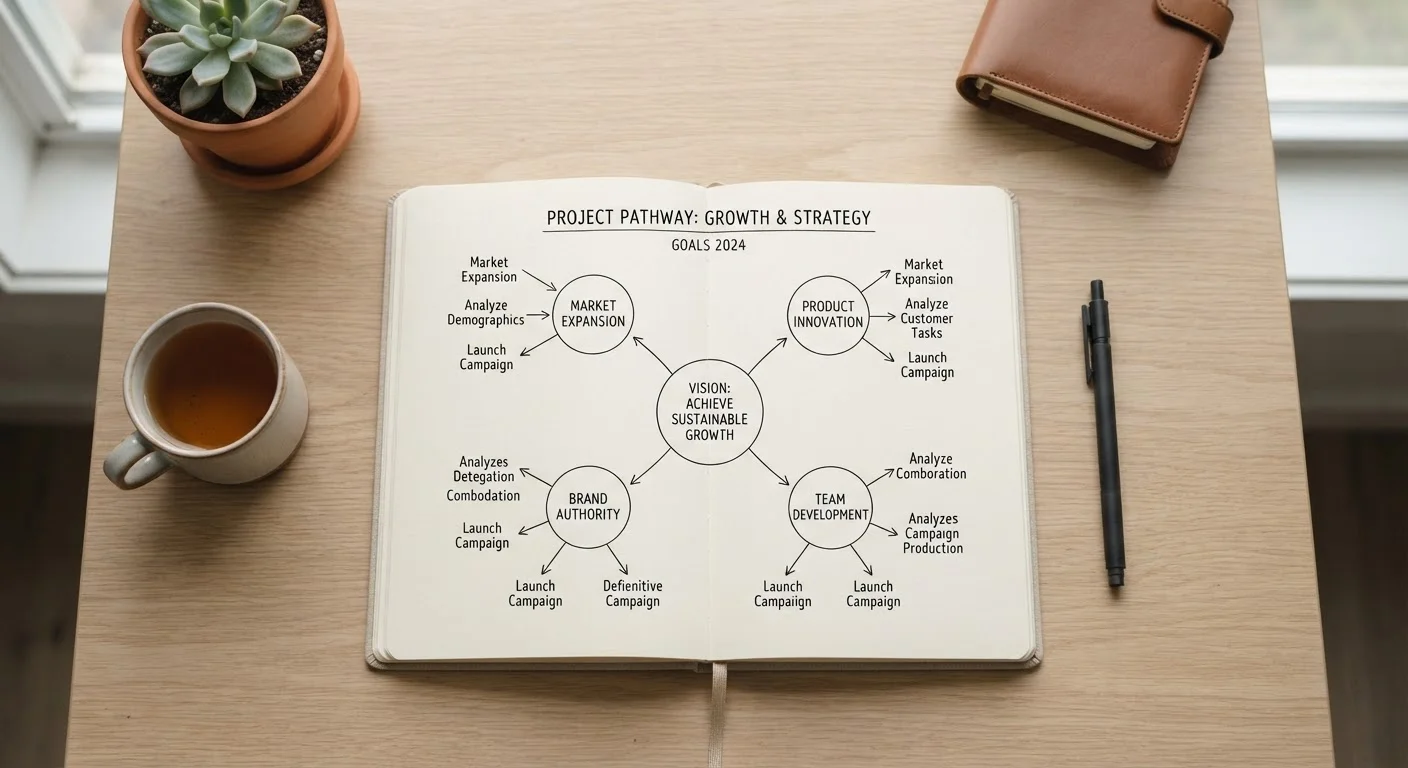 Open notebook with a goal-setting diagram, pen, and minimal desk setup in natural light