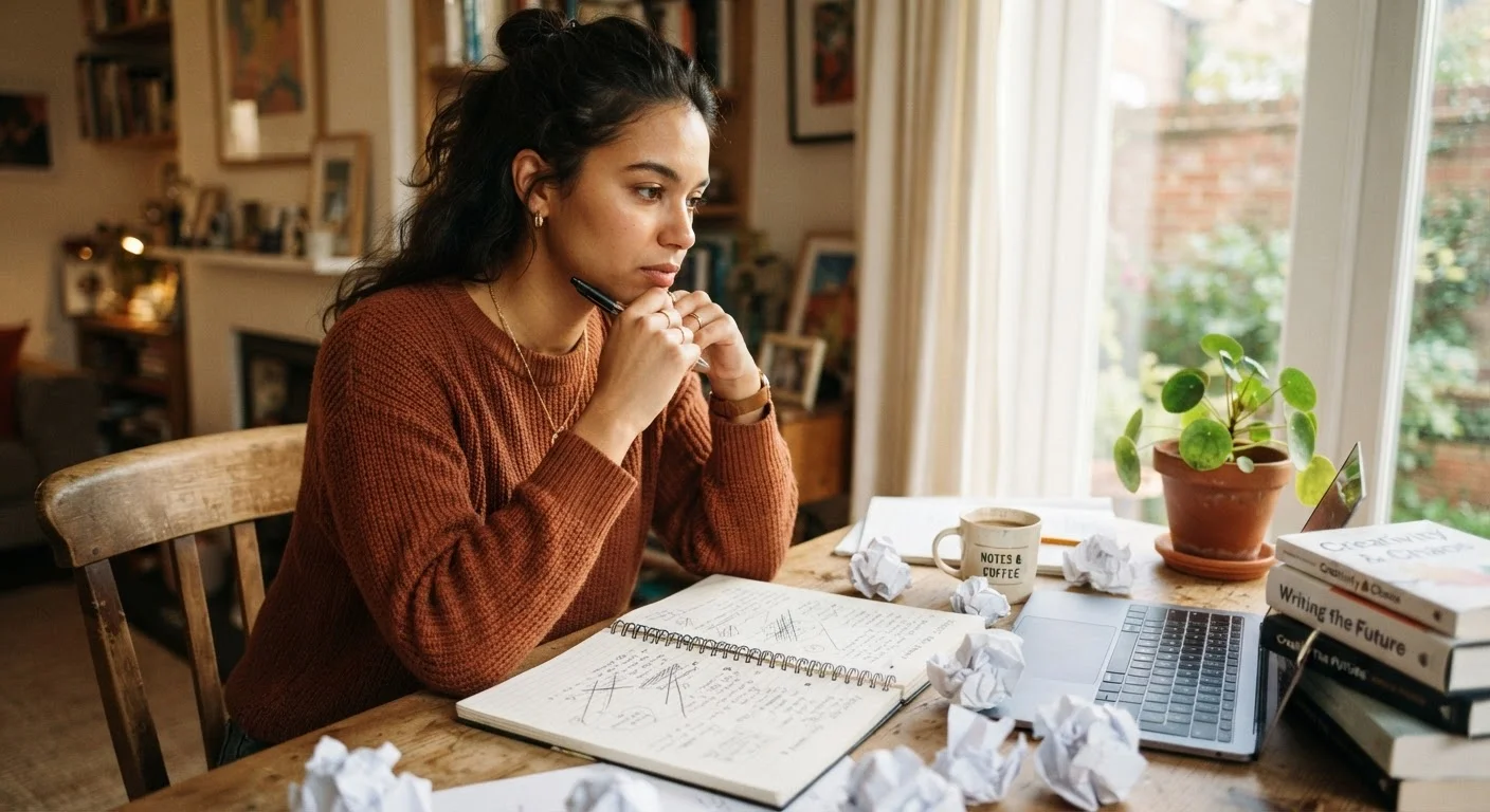 Young adult writing in a notebook at a desk, symbolising reflective practice and growth mindset