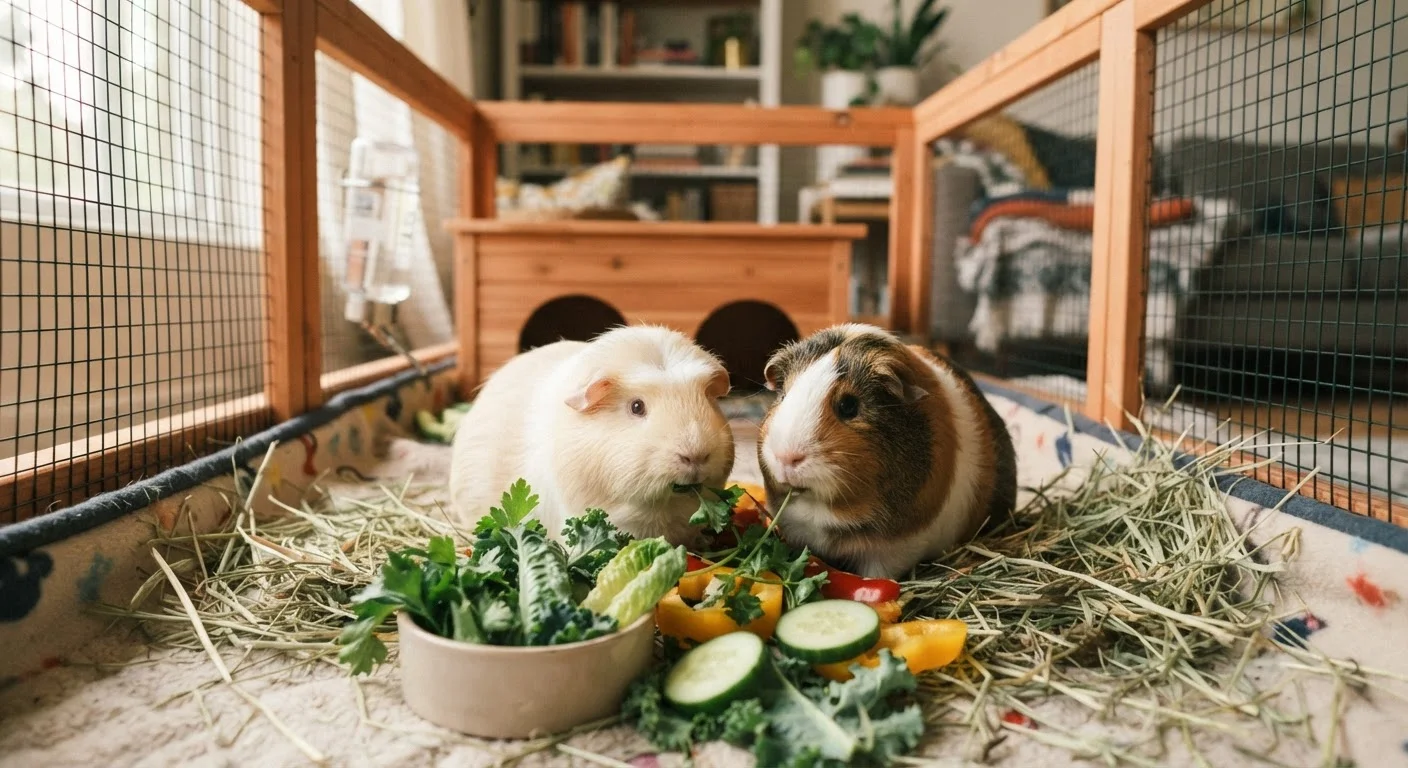 Two guinea pigs sitting together in a clean, well-stocked enclosure with hay and fresh vegetables