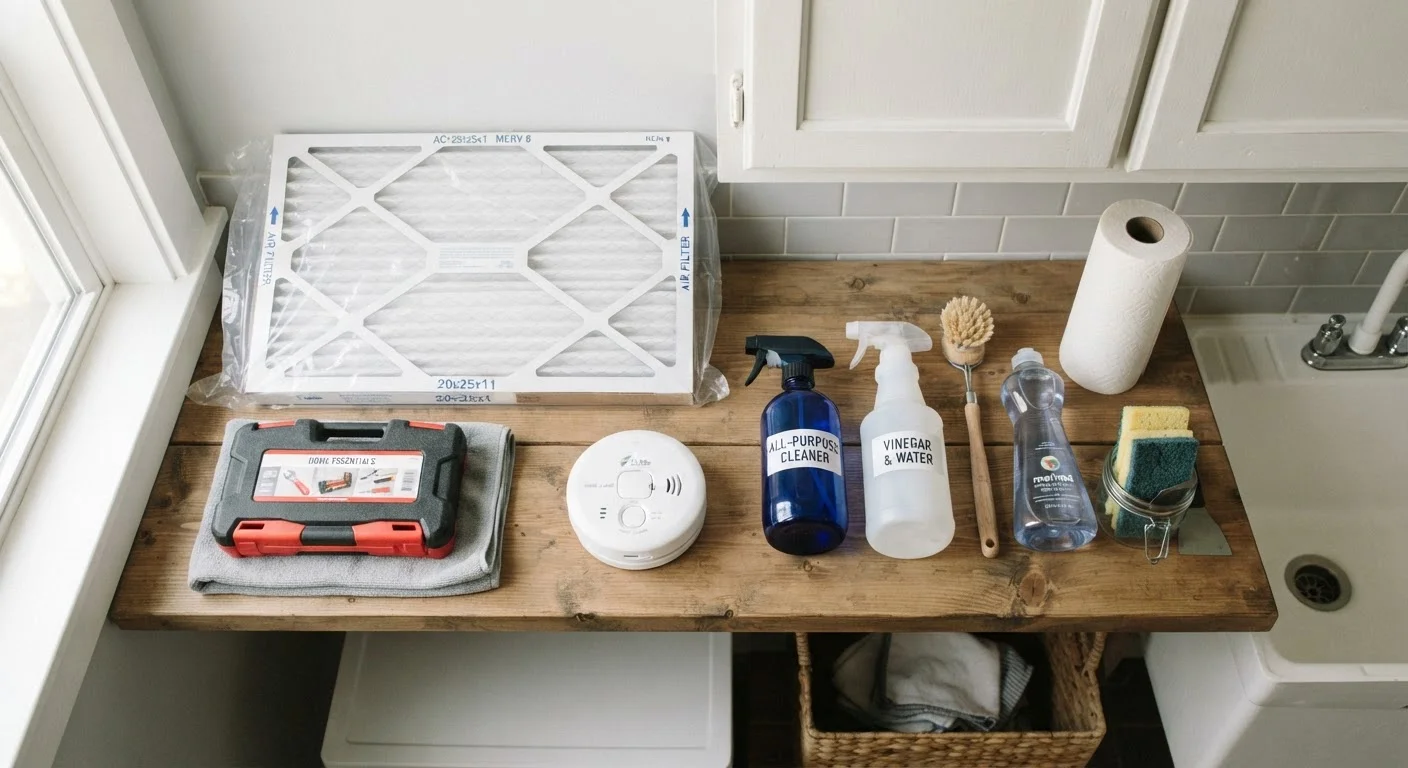 Neatly organized home maintenance supplies including tools, filters, and a smoke detector on a shelf