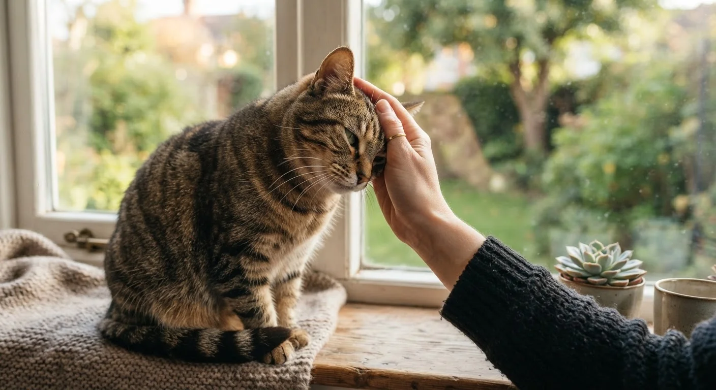 A tabby cat pressing its forehead affectionately against a person's outstretched hand near a sunlit window