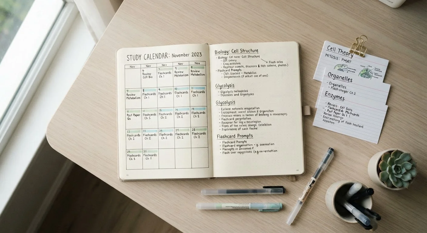 Open notebook with flashcards and a study calendar arranged on a clean desk