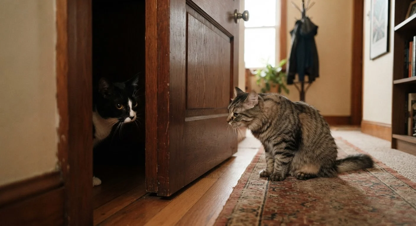 Two cats sniffing each other under a closed door during a slow introduction process