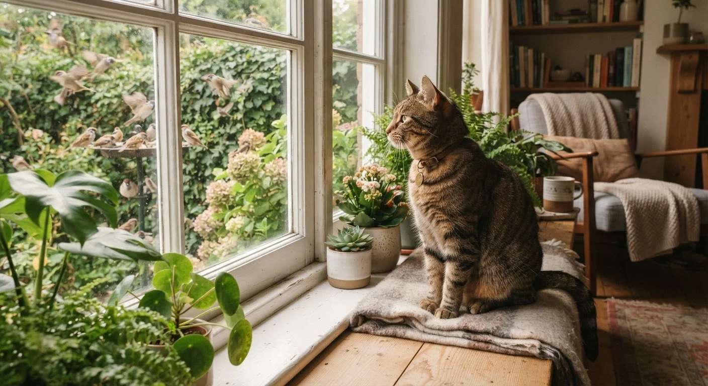 A tabby cat sitting on a window perch watching birds outside on a sunny day.