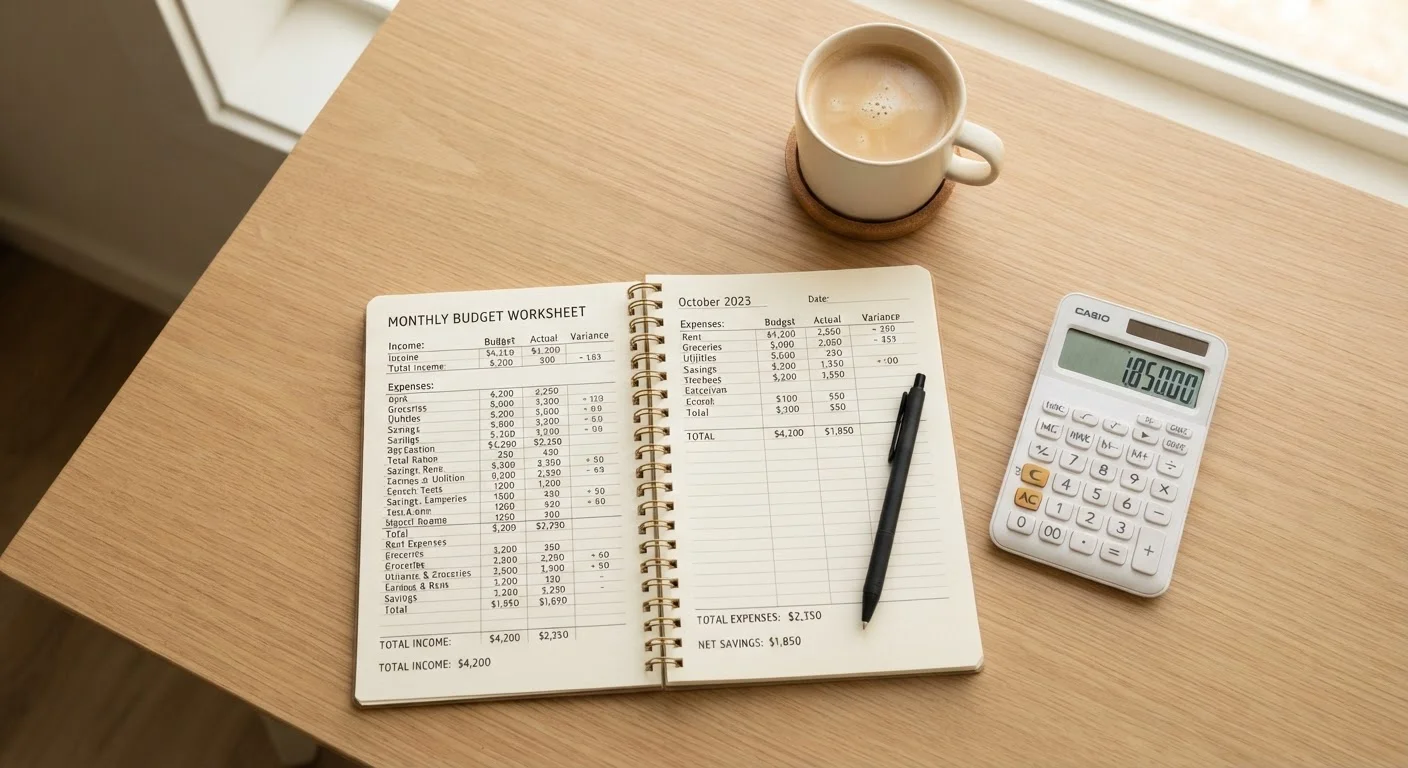 Open budget notebook with pen and calculator on a clean desk under natural light