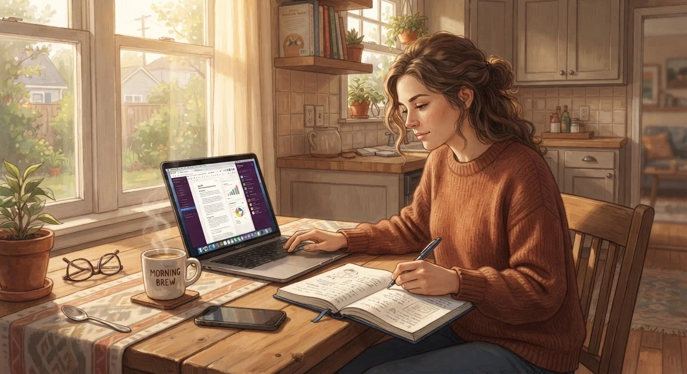 A working adult studying online at home with a laptop and notebook on a kitchen table