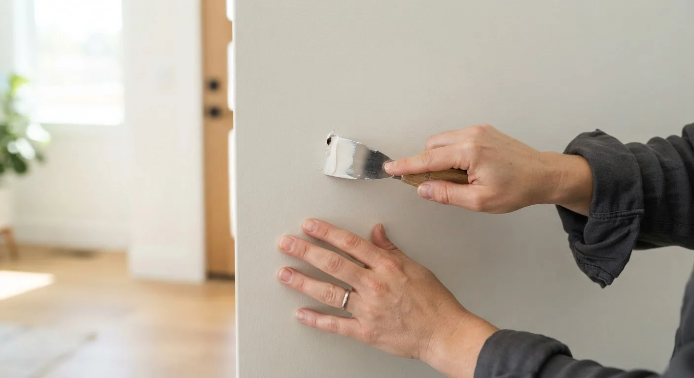 Hands using a putty knife to apply spackling paste over a small hole in a white wall
