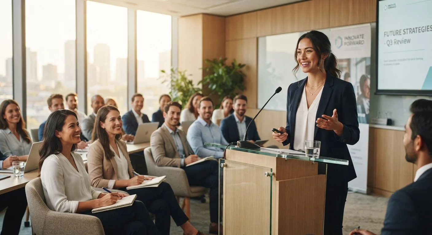 A young adult speaking confidently at a podium in front of a small professional audience