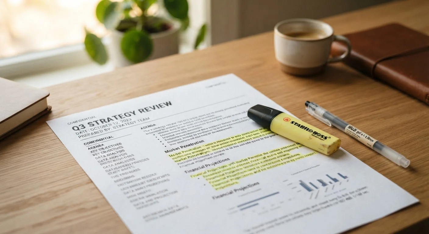 A job description document with a highlighter and pen on a clean desk