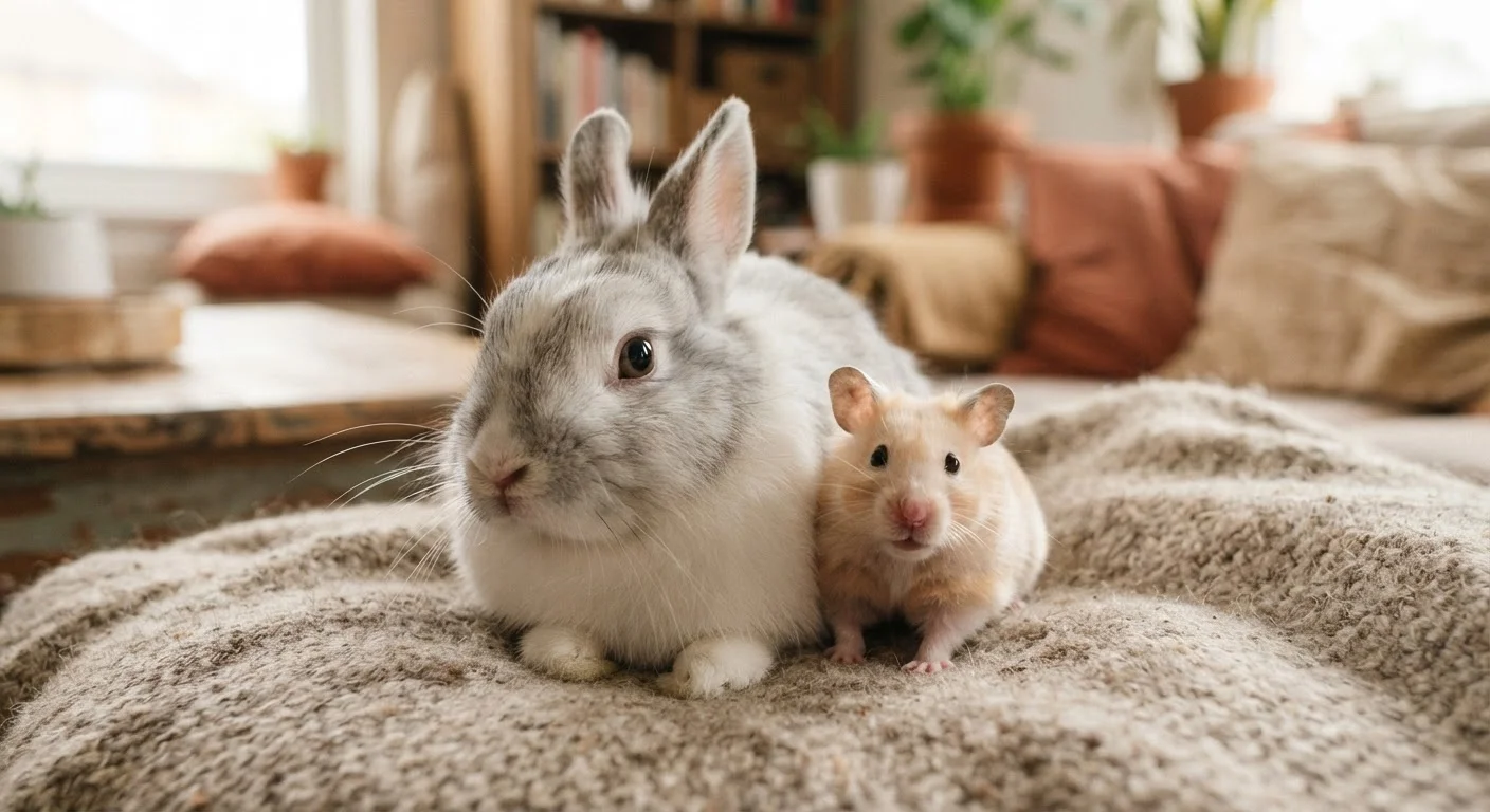 A rabbit and hamster sitting together in a calm, warmly lit domestic setting
