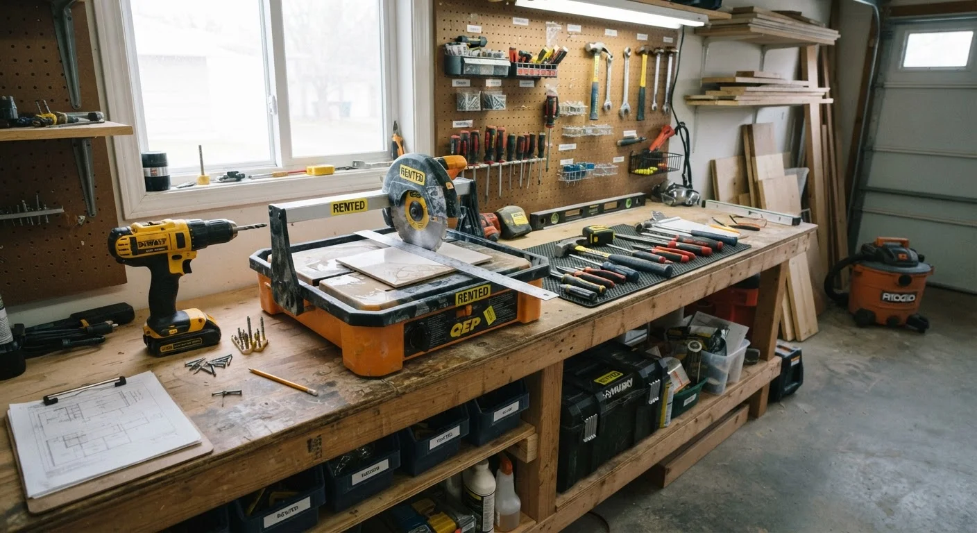 An assortment of power tools and hand tools arranged neatly on a wooden workbench in a home garage