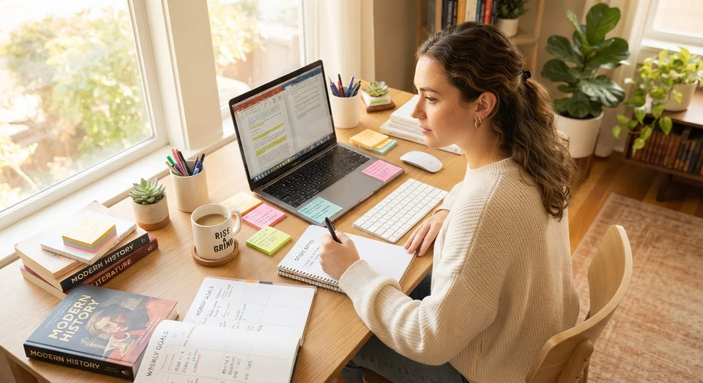 Young adult studying independently at a well-organized home desk with a laptop and notebooks