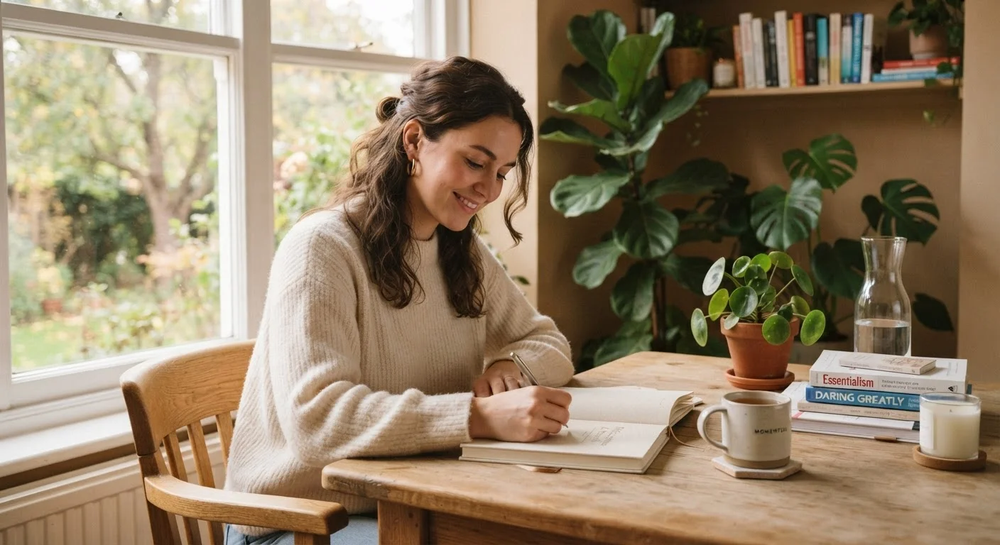 Young adult journaling at a sunlit desk, representing calm and sustainable self-discipline.