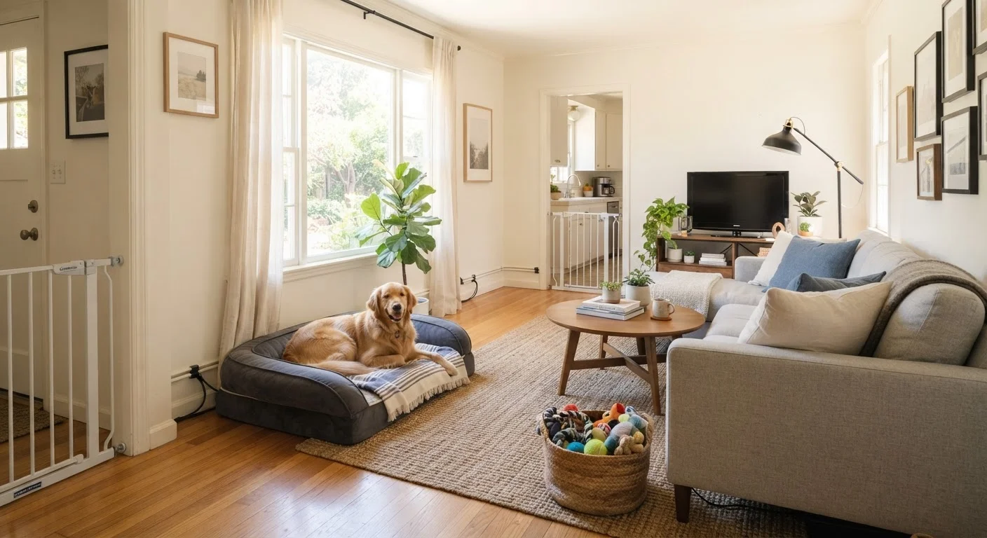 A tidy, dog-proofed living room with a comfortable dog bed, secured cords, and baby gates.