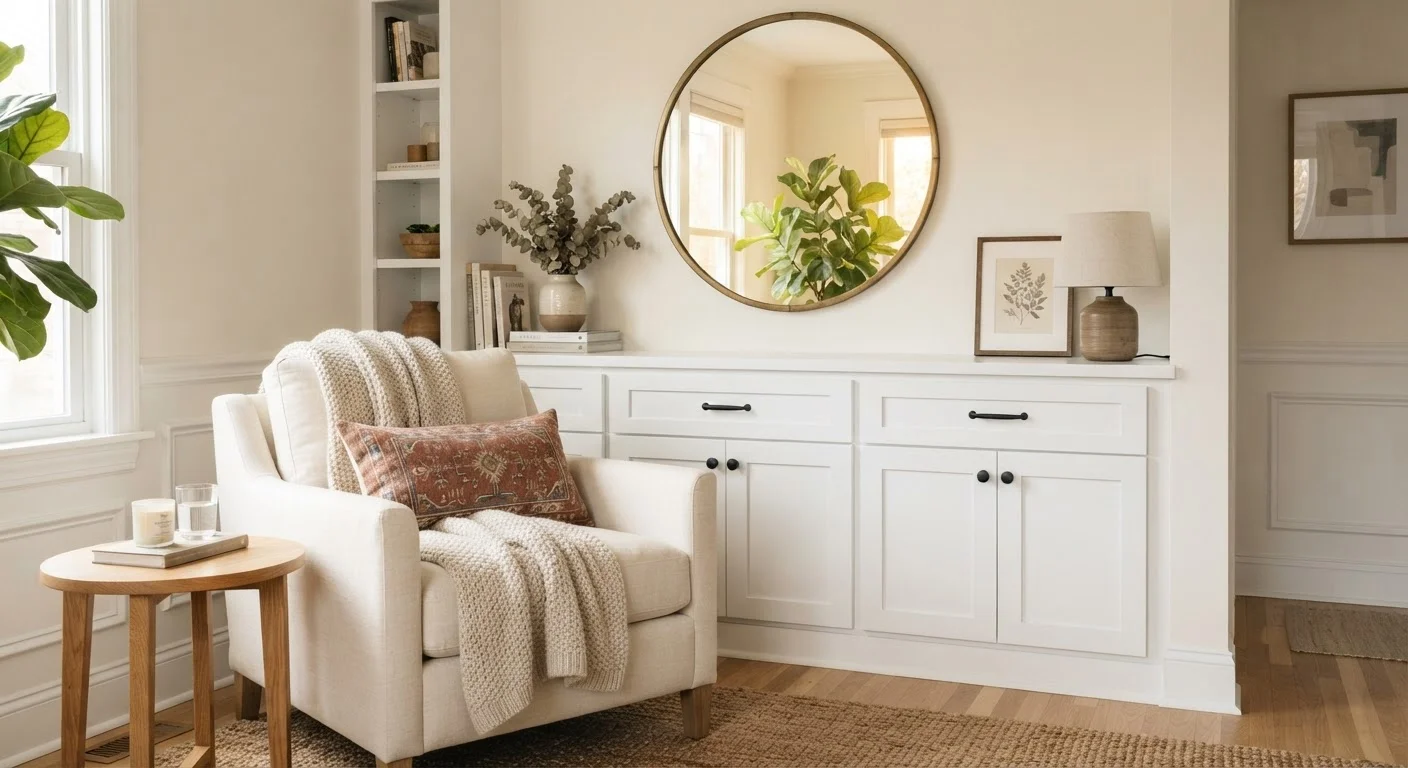 A refreshed living room corner with updated trim, mirror, and cabinet hardware
