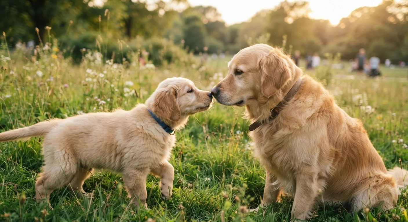 Golden retriever puppy curiously sniffing an adult dog in a sunny park setting