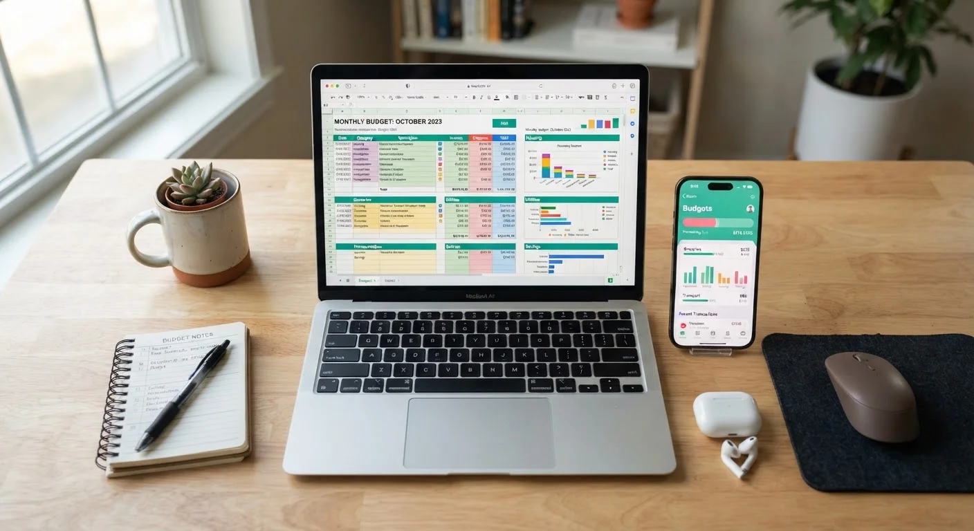 Laptop with budget spreadsheet open next to a smartphone showing a budgeting app on a clean desk
