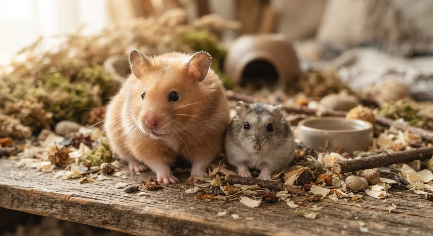 A large Syrian hamster and a small dwarf hamster placed side by side for size comparison.