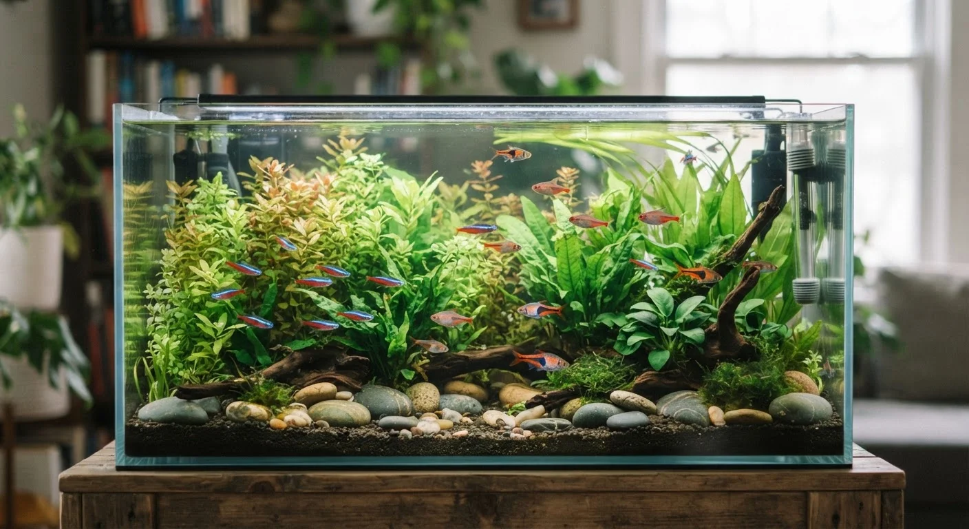 A vibrant freshwater aquarium with colorful fish swimming among green aquatic plants