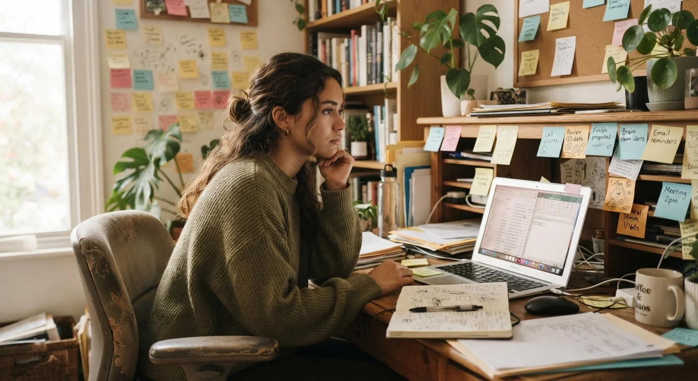 Young adult sitting at a desk looking distracted in front of an open laptop with unfinished tasks