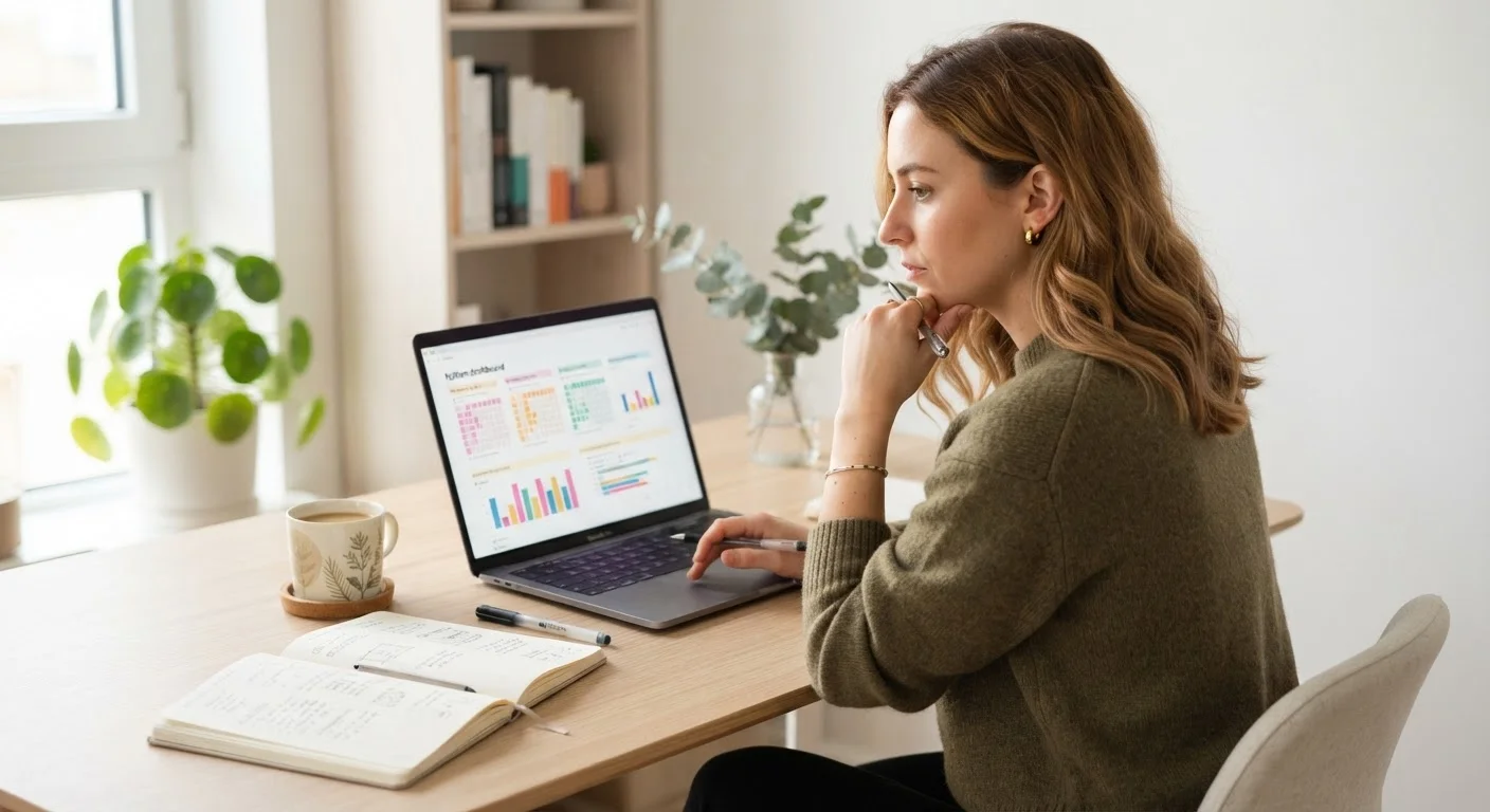 Young adult reviewing personal growth data charts on a laptop at a tidy desk.