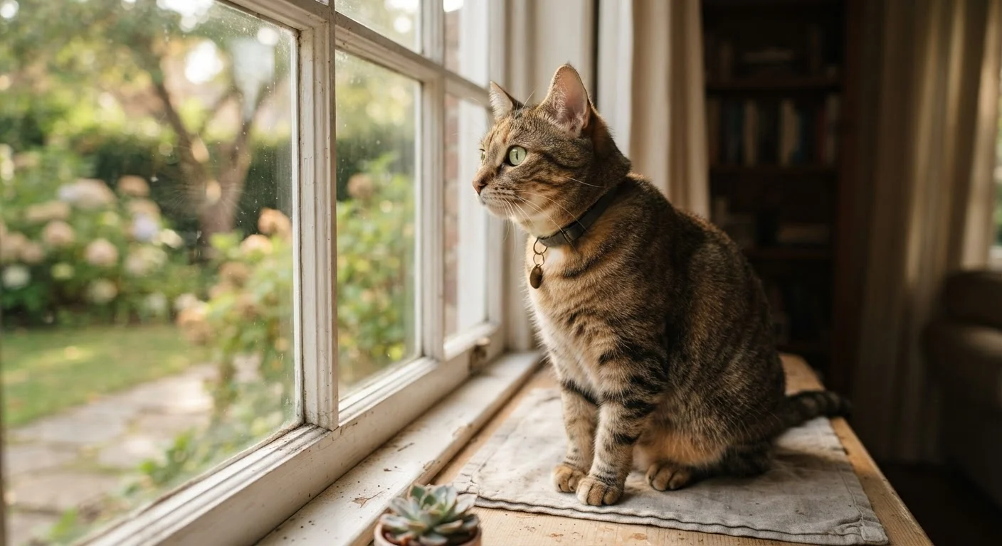 A tabby cat sitting on a sunlit windowsill, looking out with alert, curious eyes