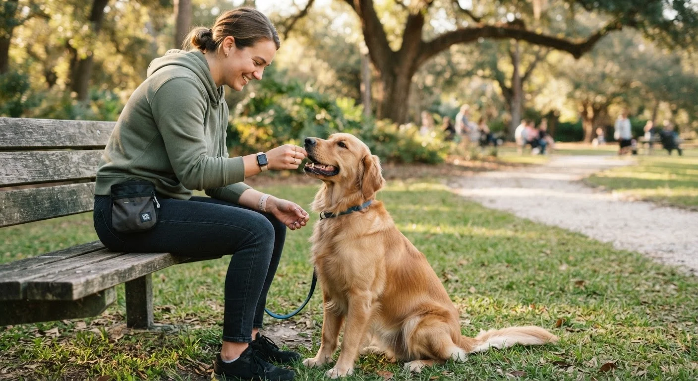 A dog sitting attentively during a positive reinforcement training session outdoors with a person