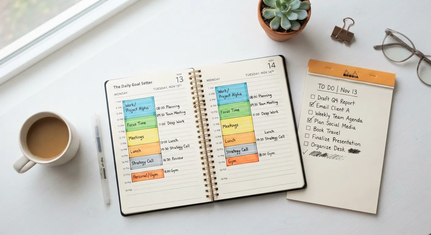 An open planner with time blocks next to a handwritten to-do list on a desk
