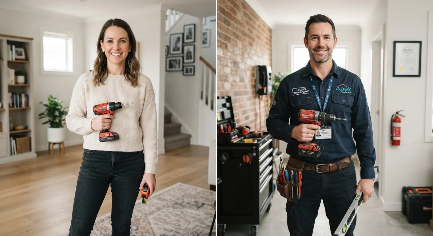Split image comparing a DIY homeowner with basic tools and a professional tradesperson in work gear.