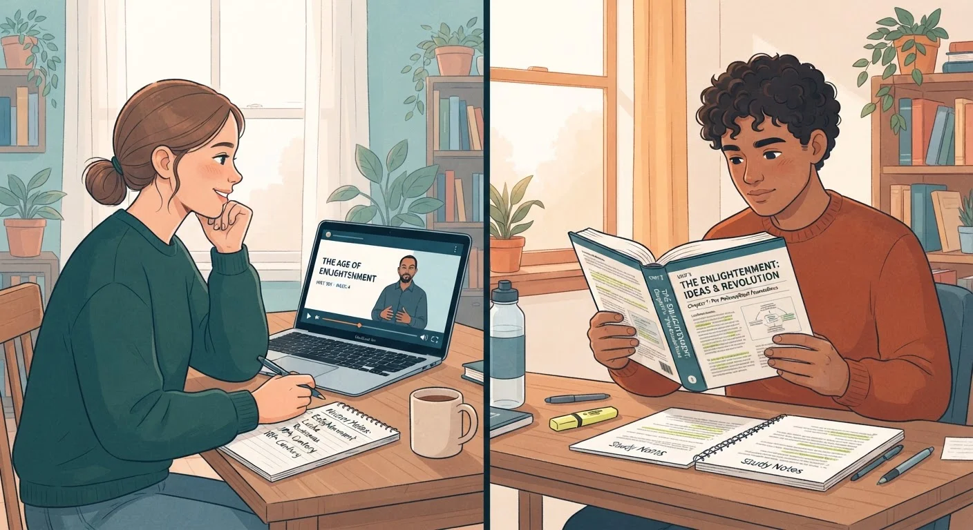 Two study approaches side by side: watching a video lecture versus reading a text-based course