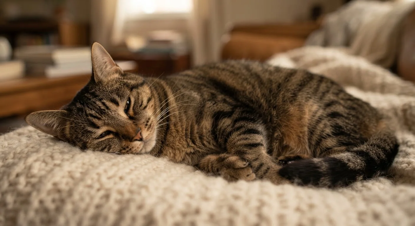 Tabby cat lying on a soft blanket with eyes half-closed, appearing relaxed and purring