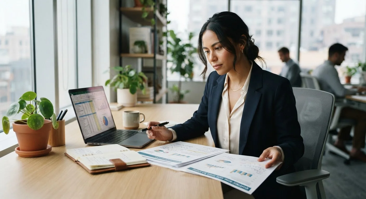 Young professional reviewing documents and data at a modern office desk