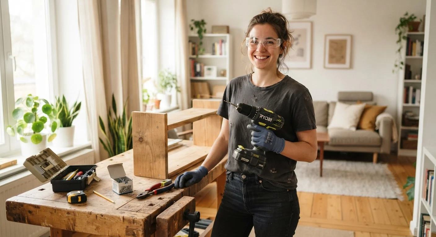 A first-time DIYer wearing safety glasses and gloves holding a cordless drill indoors