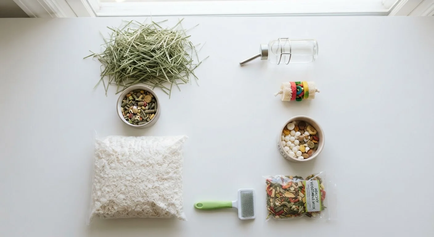 Flat lay of small pet supplies including food, bedding, and enrichment toys
