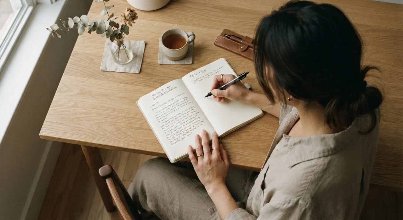 Person writing in a journal at a wooden desk in soft morning light