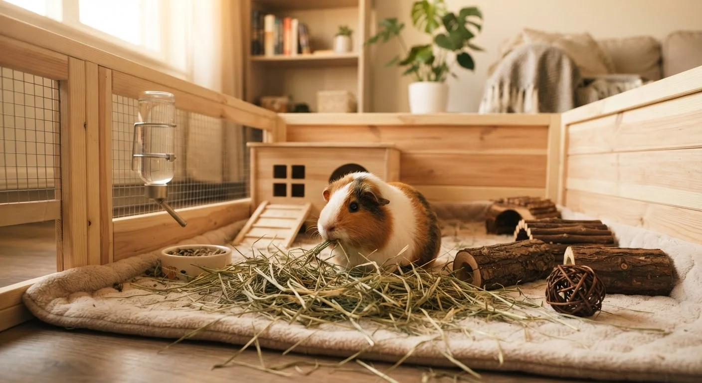 A guinea pig in a well-equipped enclosure with hay, water, and enrichment toys